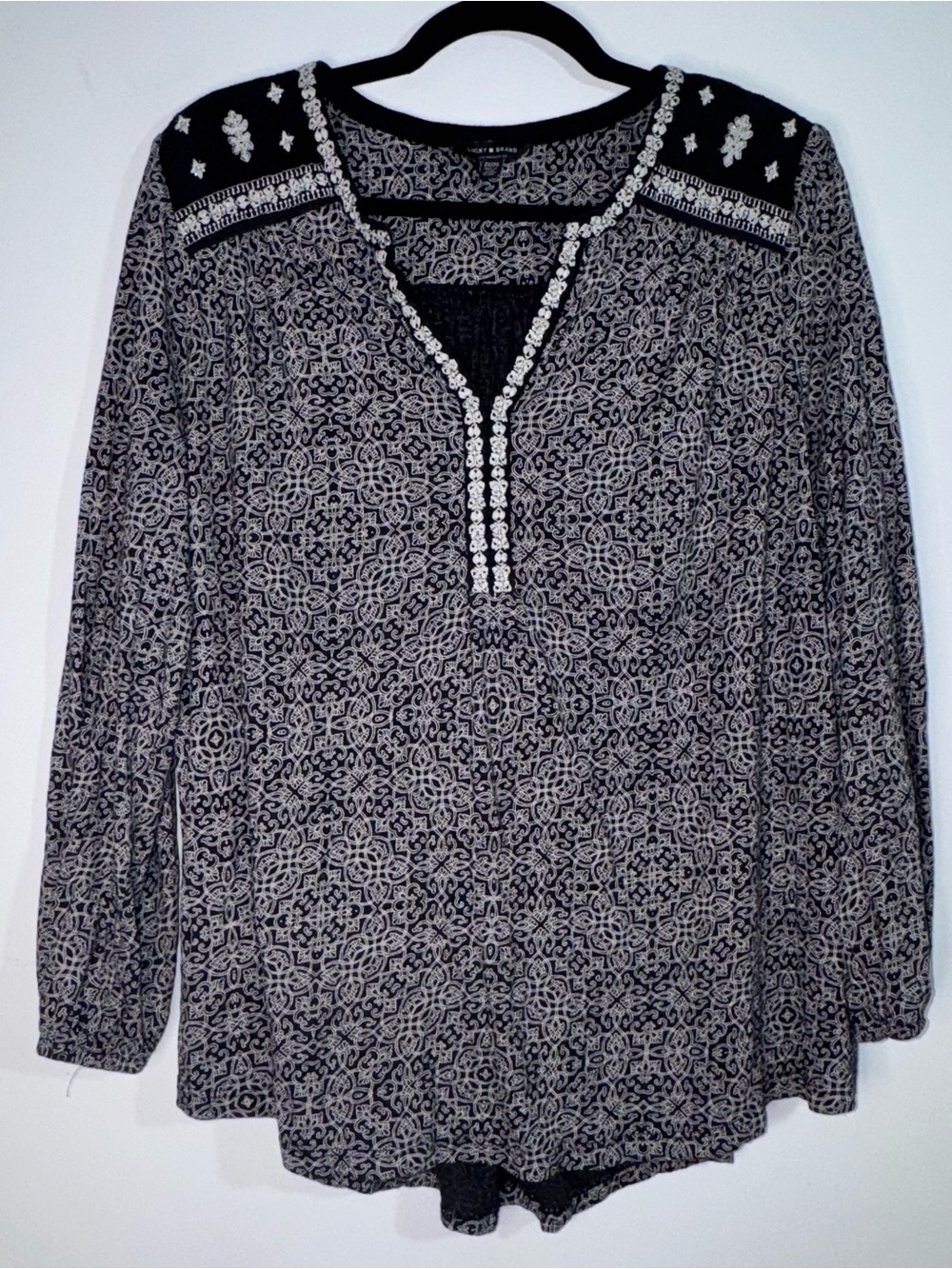 Lucky Brand 2X Embroidered Boho Peasant Top Black Ivory Festival Cottagecore